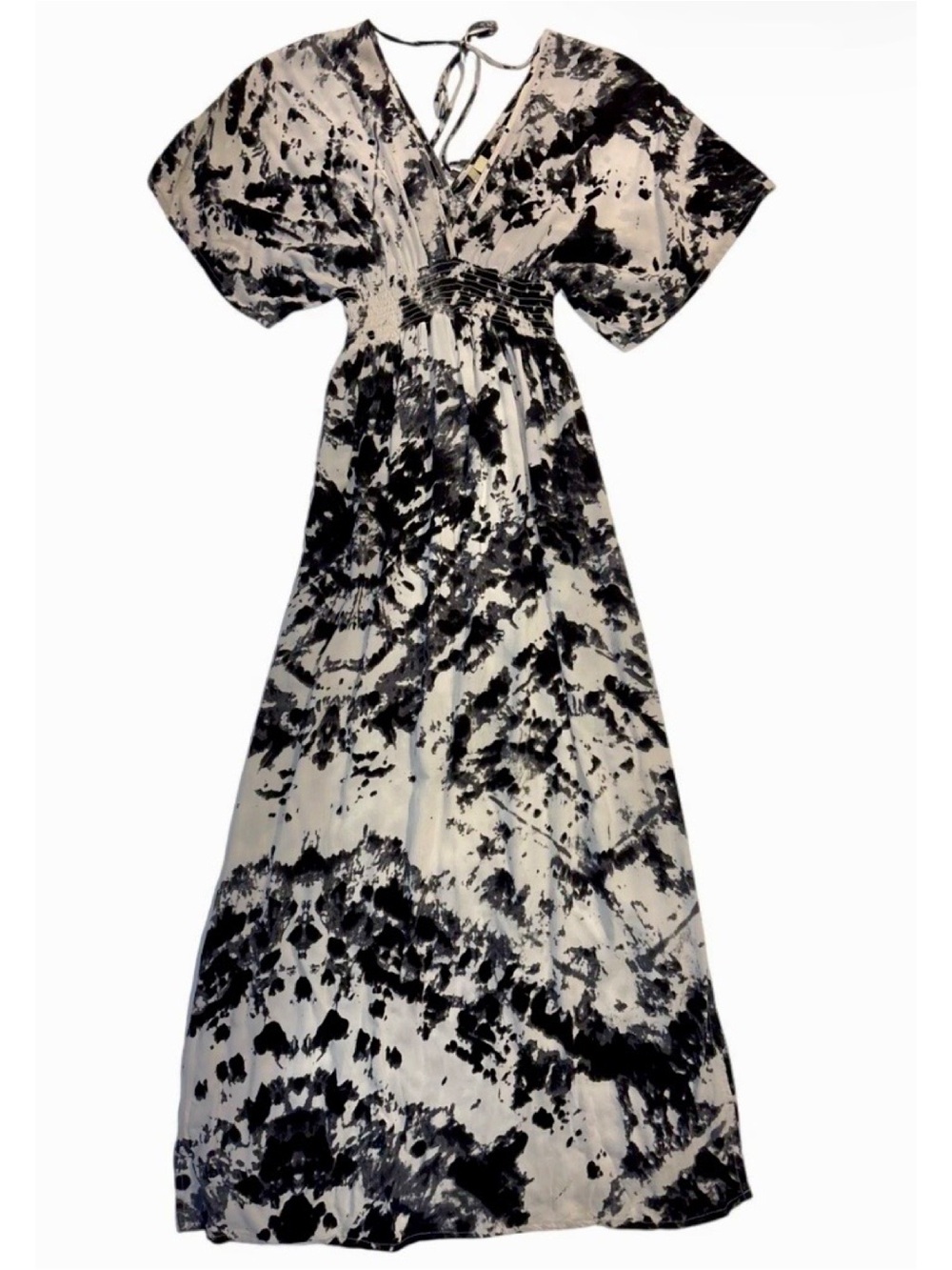 Japna Black & White Tie-Dye Maxi Dress with V-Neck